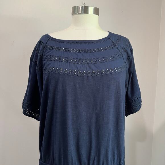Talbots Navy Blue Eyelet Slub Knit Fit & Flare Elastic Waist Dress Plus Size 1X - Picture 5 of 10